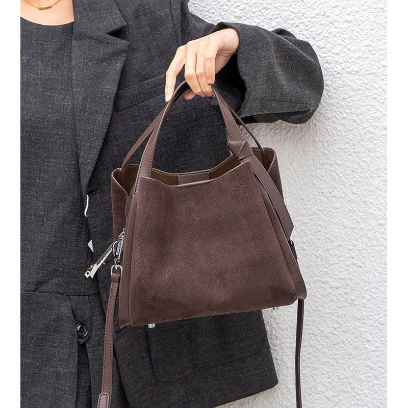 Luxury Suede Bucket Bag – Vintage Top-Handle Crossbody