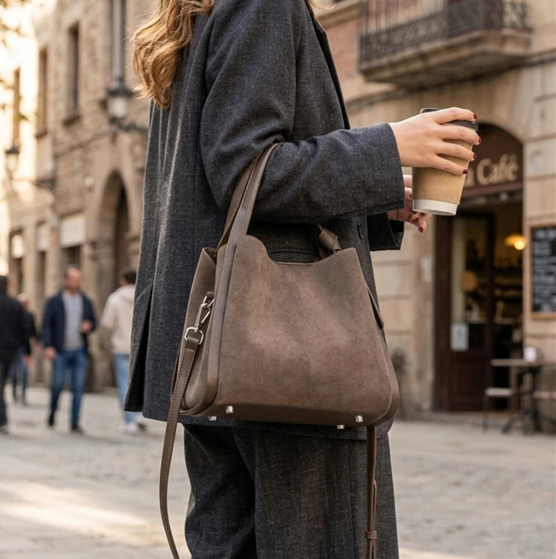 Luxury Suede Top-Handle Bucket Bag
