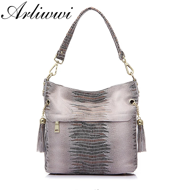 Genuine Leather Embossed Bucket Bag