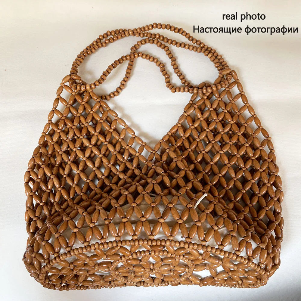 Handmade Wooden-Bead Bag – Woven Beach Shoulder Bag