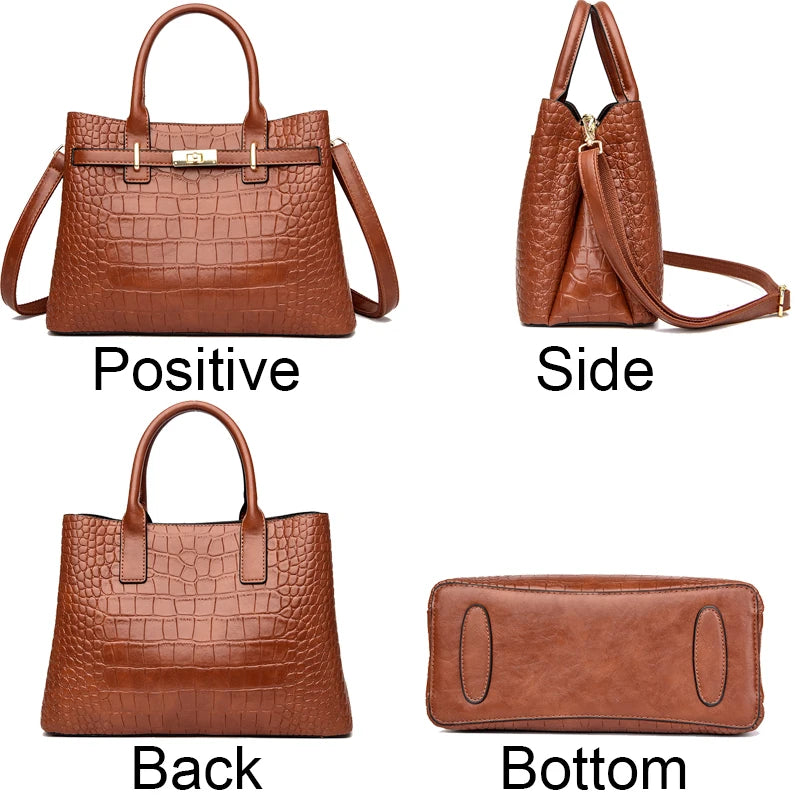 Croc-Stripe Tote Bag – Designer Three-Compartment Handbag