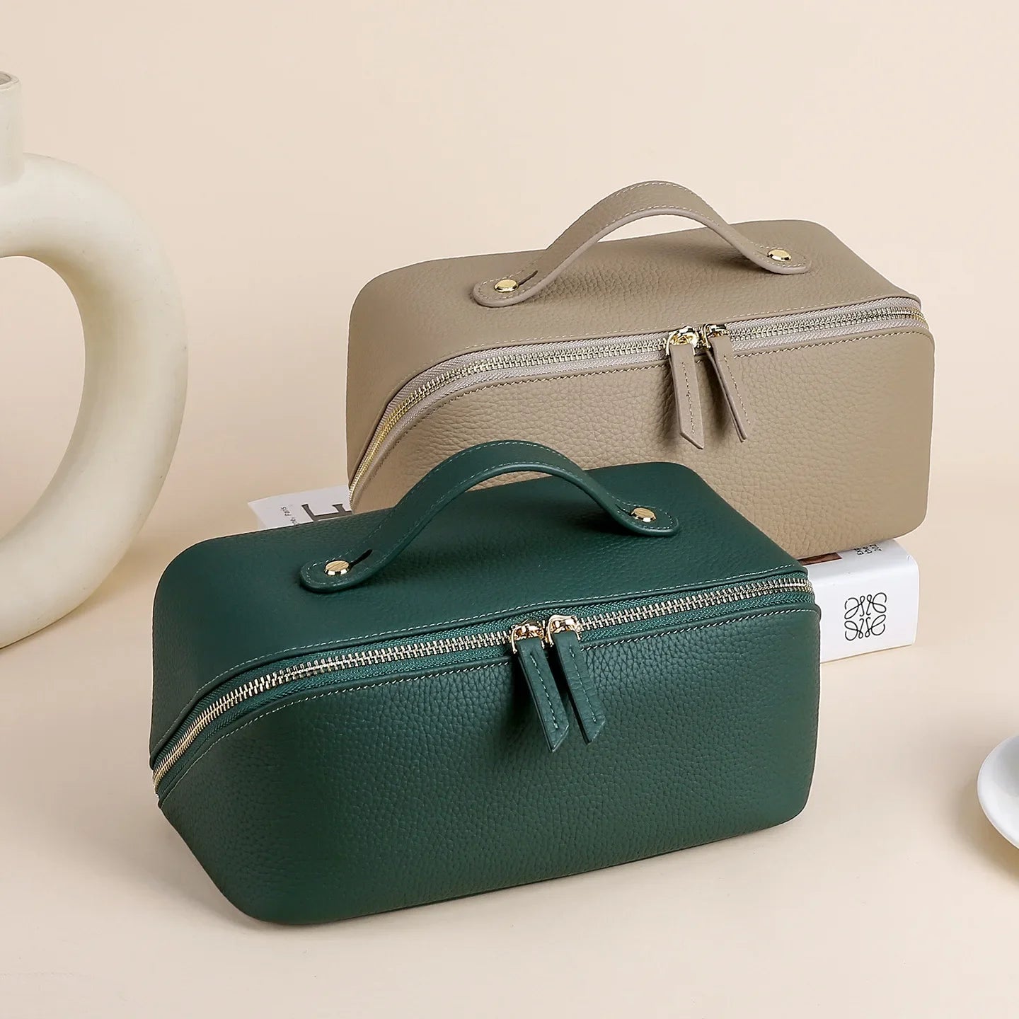 Genuine Leather Double-Zip Wash Bag