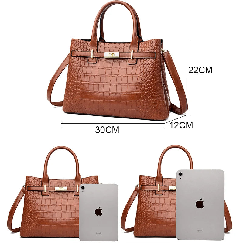 Croc-Stripe Tote Bag – Designer Three-Compartment Handbag