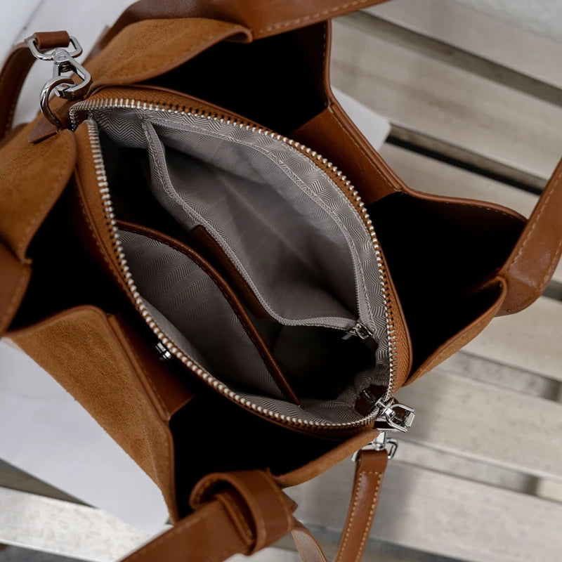 Luxury Suede Bucket Bag – Vintage Top-Handle Crossbody